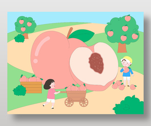 桃園里采摘搬運桃子場景插畫