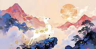中國山水畫九色鹿神話故事背景