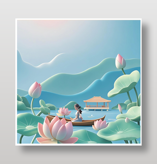 中國風(fēng)3D立體荷花游船插畫