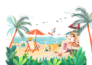 夏日海边沙滩风景插画