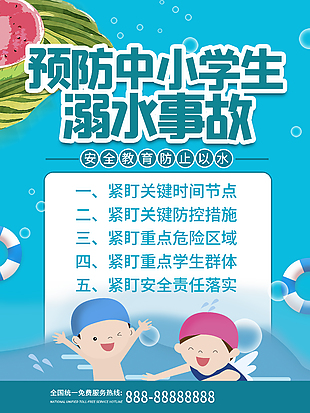 卡通蓝色安全教育防溺水事故海报