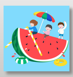 趣味风西瓜船上玩耍矢量插画创意设计