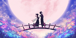 唯美晕染月夜背景鹊桥相会七夕展板