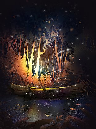 黑色绚丽唯美秋季夜景插画