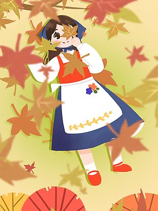 可爱女孩黄色枫叶秋日风景插画