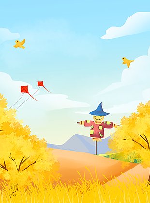 卡通风稻草人秋季风景插画