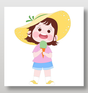 吃冰淇淋的可爱女孩卡通形象插画