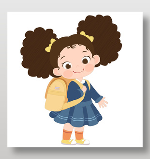 卡通风背着书包去上学的可爱女孩插画