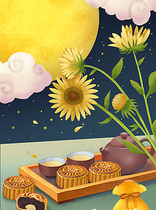 唯美中秋月圆夜吃月饼插画