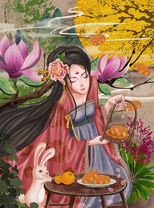 国潮风嫦娥玉兔中秋节日插画