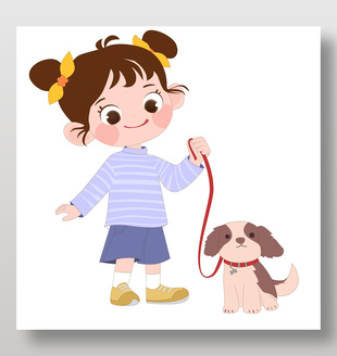 手绘卡通女孩遛狗童趣插画设计