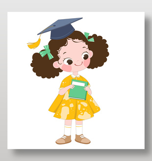 毕业主题带学士帽手持书本的小女孩插画设计