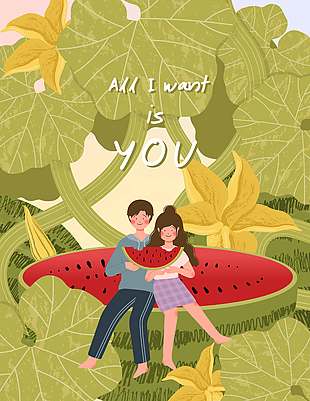 快樂農場吃西瓜場景插畫