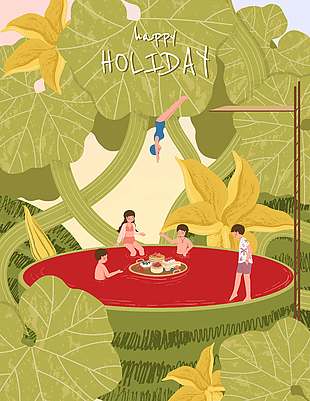 快樂假期西瓜地里度假卡通插畫