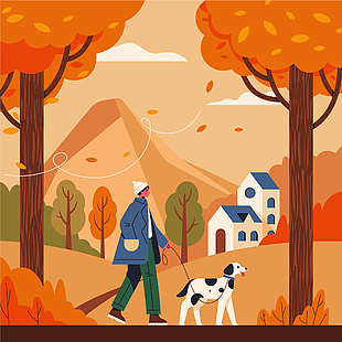 黃色蕭瑟唯美秋季山間戶外遛狗