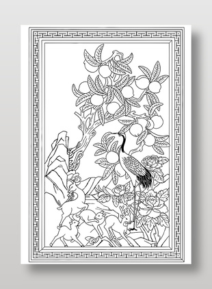 鹿仙鶴與壽桃圖案