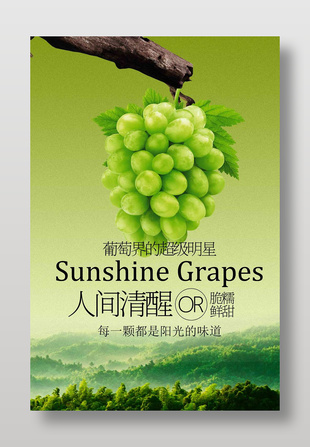 創意青提葡萄水果綠色背景海報