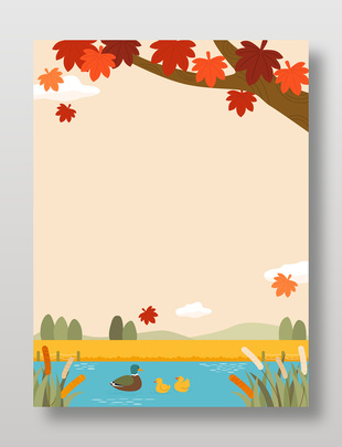 卡通風秋天蘆葦邊小鴨子游泳插畫背景