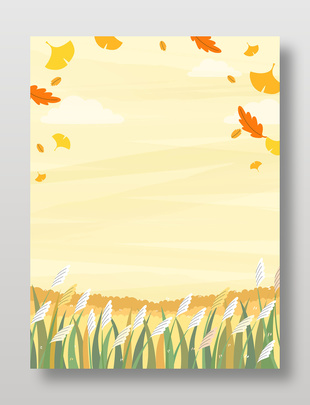 秋天蘆葦叢邊銀杏葉飄落自然風景插畫