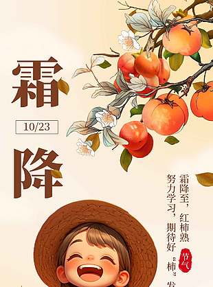卡通可愛摘柿子霜降節(jié)氣海報