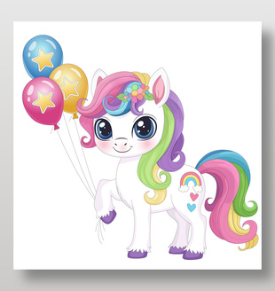 夢(mèng)幻卡通彩虹小馬彩色氣球趣味插畫