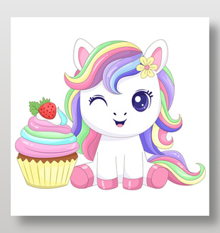 可愛萌趣彩色小白馬卡通風格插畫設計