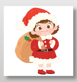 圣誕節小女孩穿圣誕服裝送禮物節日插畫