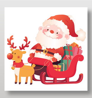 圣誕節圣誕老人坐麋鹿雪橇車送禮物卡通插畫