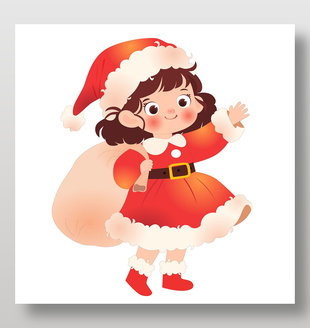卡通圣誕節女孩穿圣誕服裝圣誕帽送禮物插畫