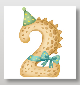 金色卡通恐龍生日派對數字2插畫