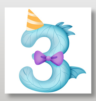 俏皮可爱卡通恐龙主题生日数字3插画