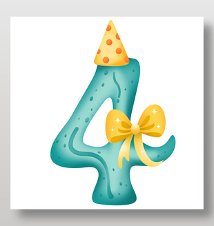 精美可爱卡通主题派对生日数字4插画