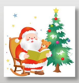 可愛卡通圣誕老人樹下看書插畫