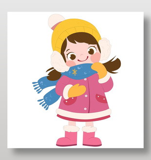 可爱卡通女孩冬季保暖穿搭雪地插画