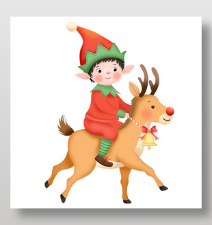圣诞卡通小精灵男孩骑鹿奔跑童趣插画