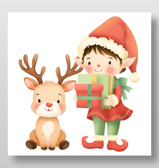 卡通风圣诞节精灵女孩和驯鹿童趣插画