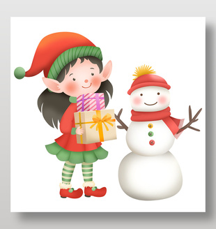 圣诞节卡通精灵女孩雪人礼盒童趣插画