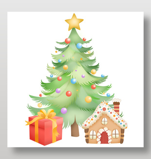 可爱卡通风圣诞树下礼盒姜饼屋童趣插画