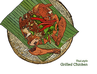 手绘清新创意泰式烤鸡美食插画