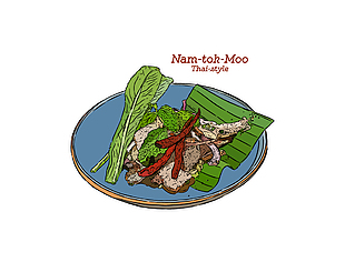 手绘泰式风味猪肉沙律美食插画