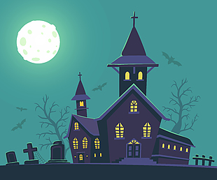 綠色卡通神秘鬼屋萬圣節插畫