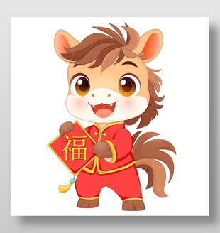 卡通小马驹拿福迎新年创意插画