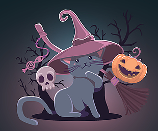万圣节黑色神秘猫咪南瓜灯骷颅头图案