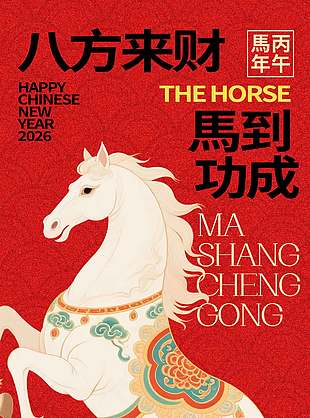 八方來財簡約大氣馬年新年海報