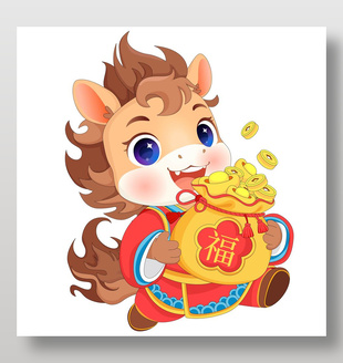 馬年春節(jié)小馬駒捧福袋卡通風插畫