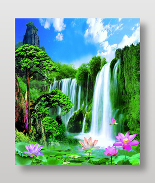 佛教高山流水荷花瀑布山水畫