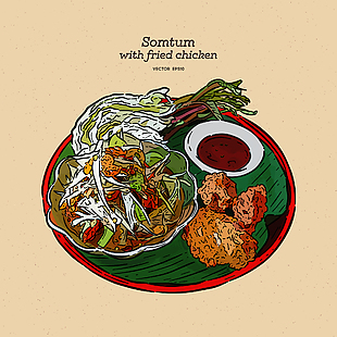 手繪泰式青瓜沙拉雞肉飯美食插畫