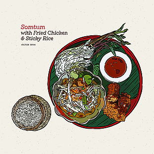 手繪泰式青瓜沙拉炸雞套餐美食插畫