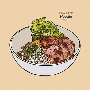 手繪簡約泰式叉燒面條美食插畫