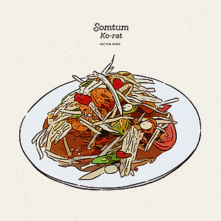 手繪簡約泰式海鮮沙拉美食插畫